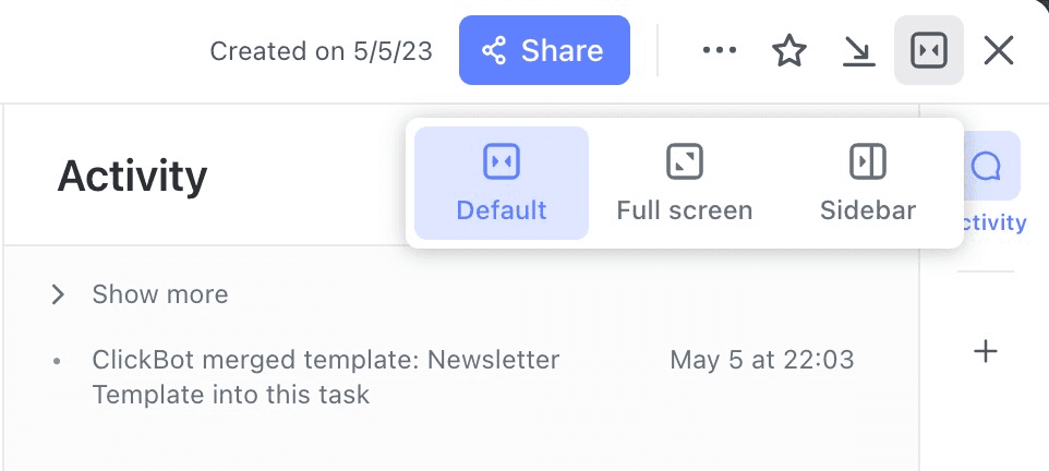A screenshot showing the layout options in ClickUp's Task View 3.0