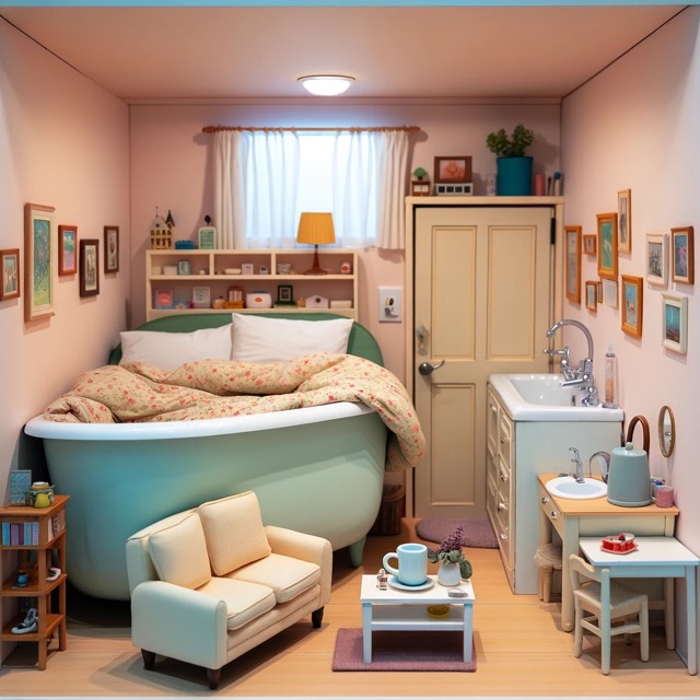 DALL·E 2023-11-20 21.35.14 - A whimsically tiny apartment interior, even more cramped with the addition of a bed and a bathtub. The bed is oversized, with its feet sticking out of Medium.jpeg